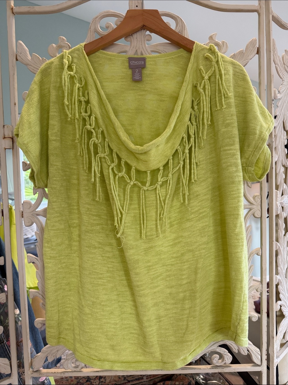 Chico's Bright Lime Fringe Short Sleeve Knit Top